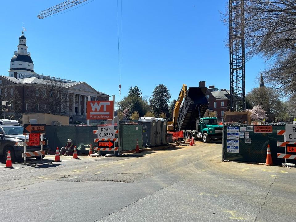 A dump truck proceeds with construction on the site of the building of the Department of Legislative Services in Annapolis, Maryland on March 30. The historic State House, which recently underwent renovations on its dome, is the oldest in the nation still in legislative use.