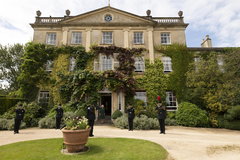 TETBURY, ENGLAND - JULY 22: Her Royal Highness Camilla, The Duchess of Cornwall becomes the Colonel-in-Chief of The Rifles at Highgrove House on July 22, 2020 in Tetbury, England.  The ceremony which began at Windsor Castle with The Duke of Edinburgh handing over after 67 years of support and service to The Rifles, continued at Highgrove and was marked by four Buglers of The Band and Bugles of The Rifles sounding The Rifles Assembly to Her Royal Highness. She was then addressed by The Rifles Colonel Commandant, General Sir Patrick Sanders. (Photo by Geoff Pugh - WPA Pool/Getty Images)