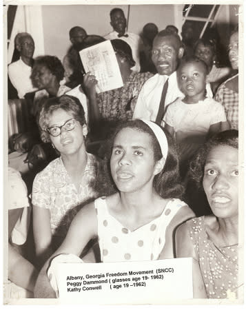 Peggy Trotter Dammond Preacely (in glasses) and Kathleen Conwell, just out of jail at a church in Albany, Ga., for a 1962 rally.<span class="copyright">Courtesy of Peggy Trotter Dammond Preacely</span>