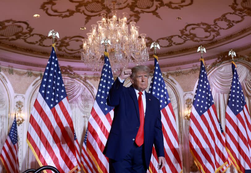 PALM BEACH, FLORIDA - NOVEMBER 15: Former U.S. President Donald Trump gestures during an event at his Mar-a-Lago home on November 15, 2022 in Palm Beach, Florida. Trump announced that he was seeking another term in office and officially launched his 2024 presidential campaign. (Photo by Joe Raedle/Getty Images)