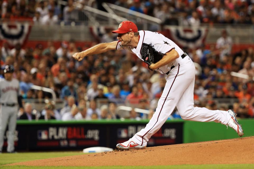 <p>Max Scherzer #31 of the Washington Nationals and the National League throws a pitch in the first inning during the 88th MLB All-Star Game at Marlins Park on July 11, 2017 in Miami, Florida. (Photo by Mike Ehrmann/Getty Images) </p>