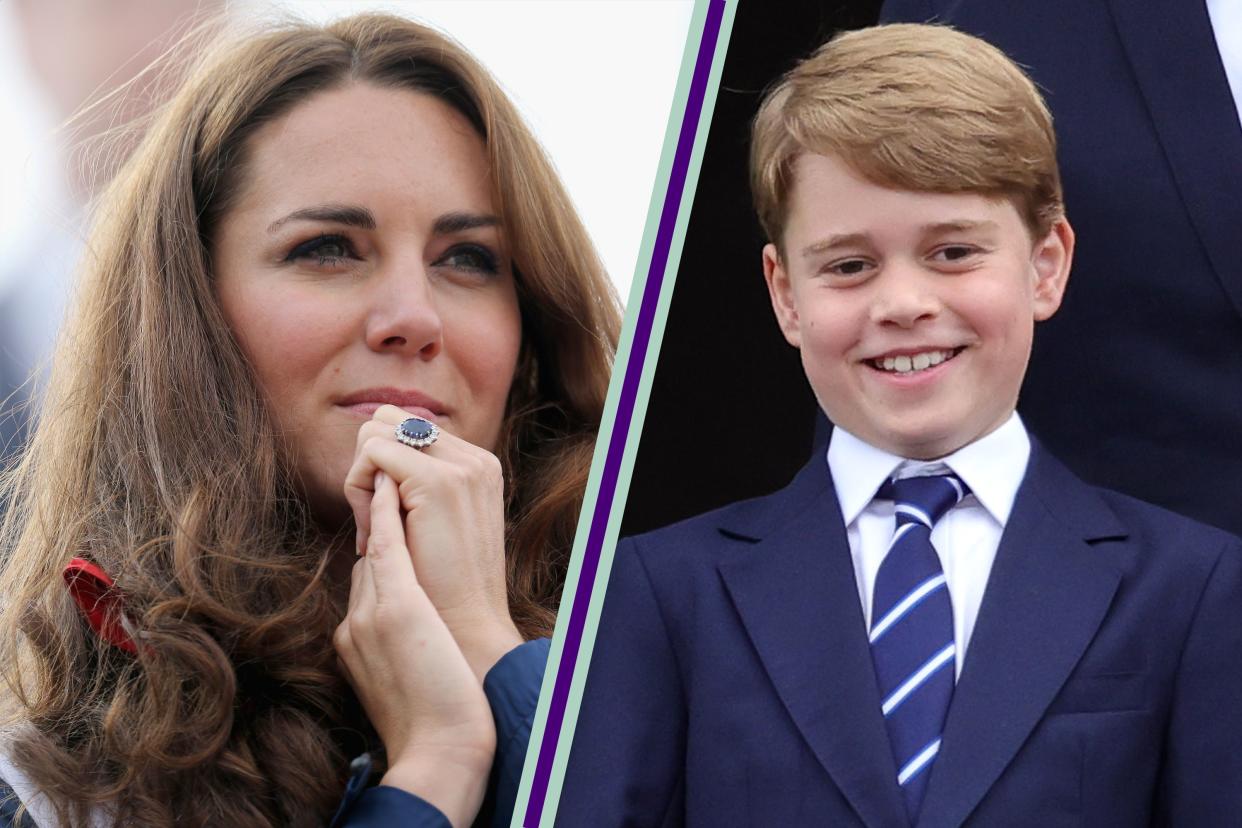  Kate Middleton looking concerned, with her hands clasped infront of her face, side by side with an image of Prince George smiling. 
