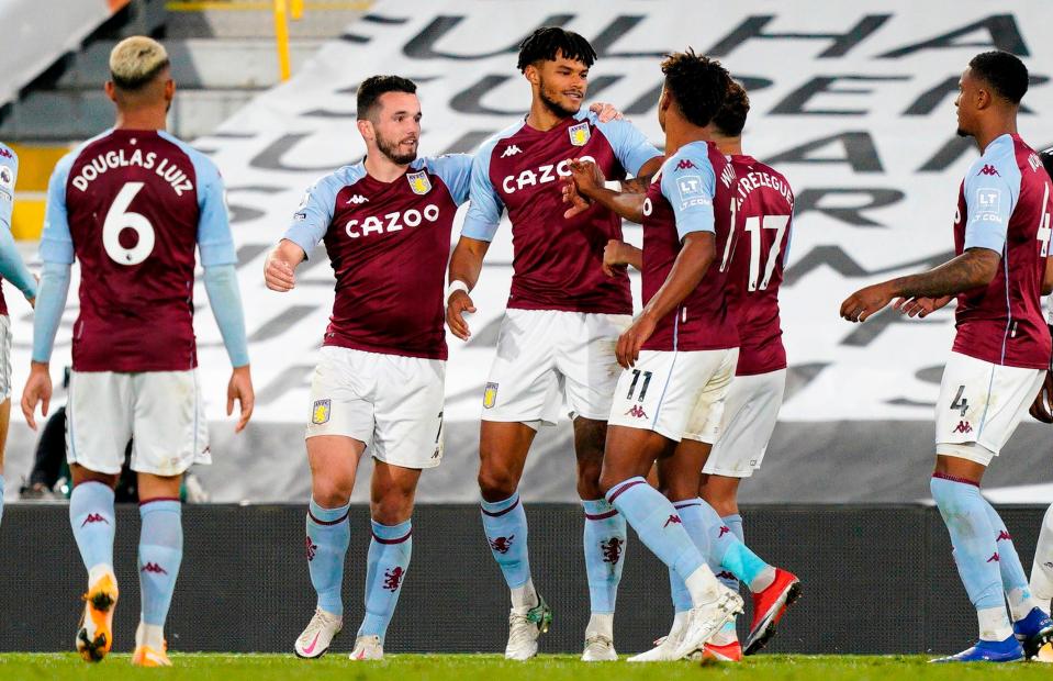 Aston Villa celebrate their third goal (POOL/AFP via Getty Images)