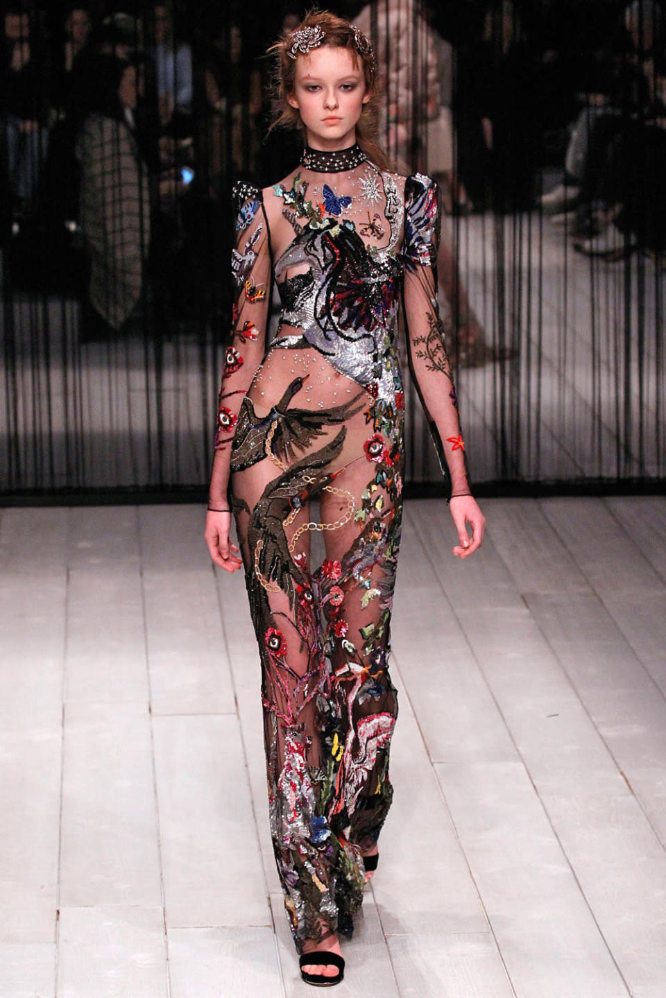 A embellished menagerie on sheer chiffon from Alexander McQueen. (Photo by Victor VIRGILE/Gamma-Rapho via Getty Images)