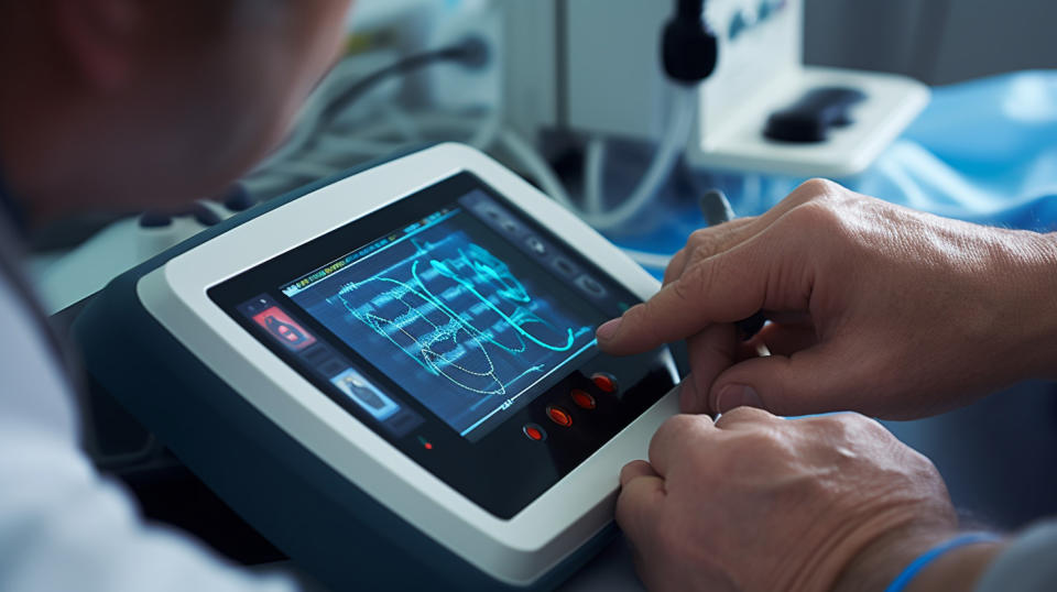 A doctor examining a patient using a vascular disease diagnosis device.