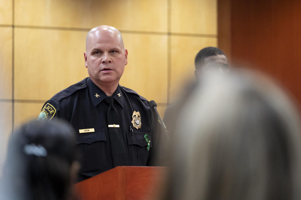 Newport News Chief of Police Steve Drew answers questions regarding a teacher being shot by an armed 6-year-old at Richneck Elementary School during a press conference at the Newport News Public Schools Administration Building in Newport News, Va., on Monday, Jan. 9, 2023. (Billy Schuerman/The Virginian-Pilot via AP)