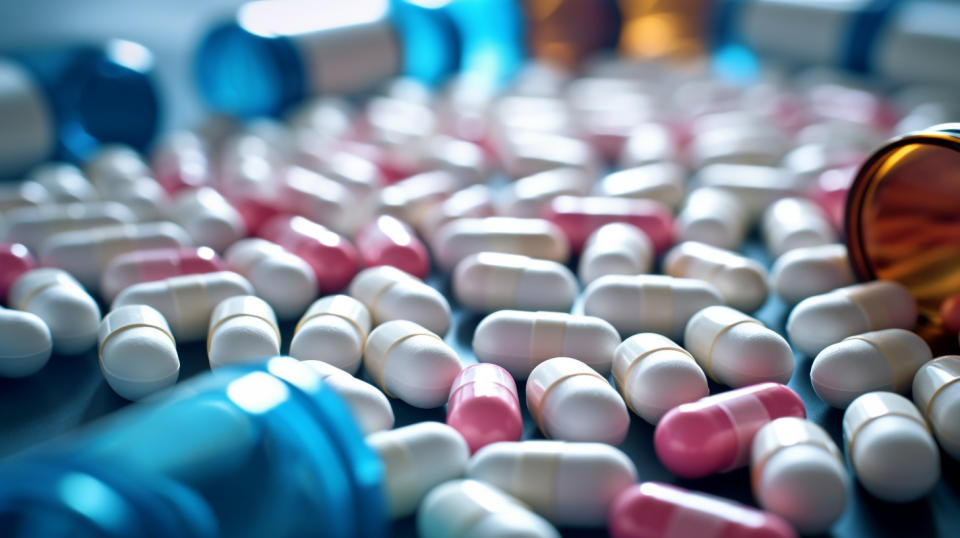 An array of pharmaceutical pills with the company's logo on the bottle.