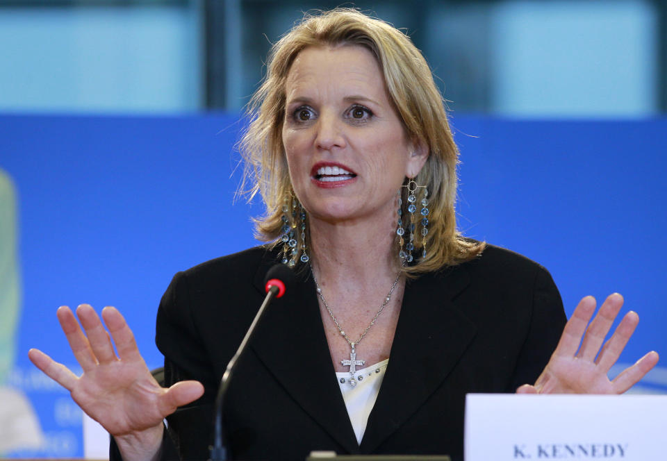 FILE - In this Feb. 19, 2014 file photo, Human rights activist and writer Kerry Kennedy from the U.S. addresses the media at the European Parliament building in Brussels. Jurors will hear Monday, Feb. 24, 2014, about Kennedy's morning routine and daily medications as they consider whether she's guilty of drugged driving. The case against Kennedy, daughter of the late Sen. Robert Kennedy and ex-wife of New York Gov. Andrew Cuomo, goes to trial Monday morning in suburban White Plains. In 2012, Kennedy was arrested after her car hit a tractor-trailer on an interstate highway near her home in the New York City suburbs. (AP Photo/Yves Logghe, File)