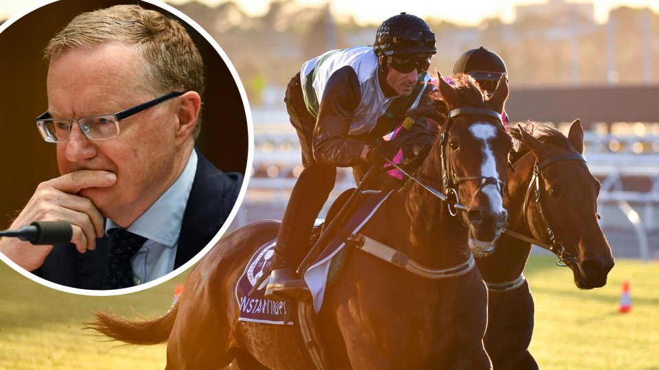 Left: RBA Governor Philip Lowe. Image: A trackwork session at Flemington Racecourse in Melbourne, Tuesday, October 29, 2019. (AAP Image/Vince Caligiuri)