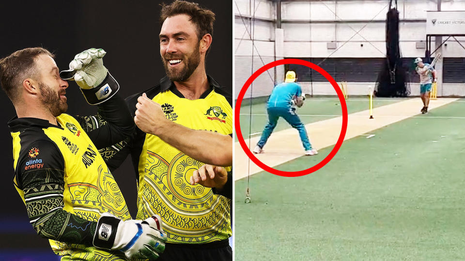 Glenn Maxwell, pictured here practicing with wicket-keeper gloves after Matthew Wade tested positive for Covid-19.