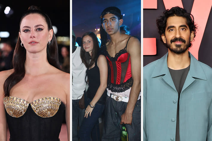 Three distinct photos side by side: first shows a woman in a golden bustier top; middle shows two people at a party; third is a man in a light blue suit