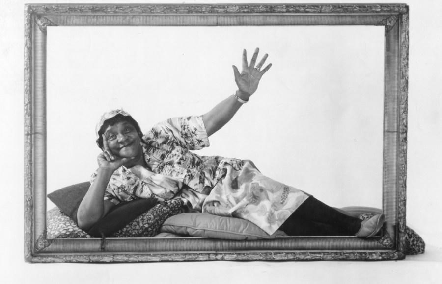 Portrait of American comedienne ‘Moms’ Mabley (born Loretta Mary Aiken, 1894 – 1975) as she reclines on a pile of pillows inside an oversized picture frame, New York, New York, 1968. (Photo by PhotoQuest/Getty Images)