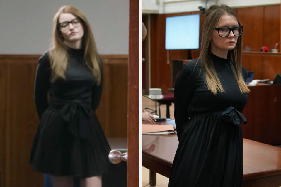 Anna's long-sleeved babydoll dress with a bow around the mimic is an almost 1 for 1 replica of one the real woman wore in court