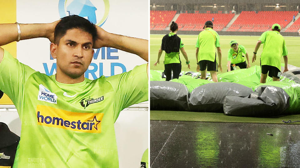 Seen here, Sydney Thunder players react during Friday night's rain-affected BBL finals loss against Brisbane Heat.