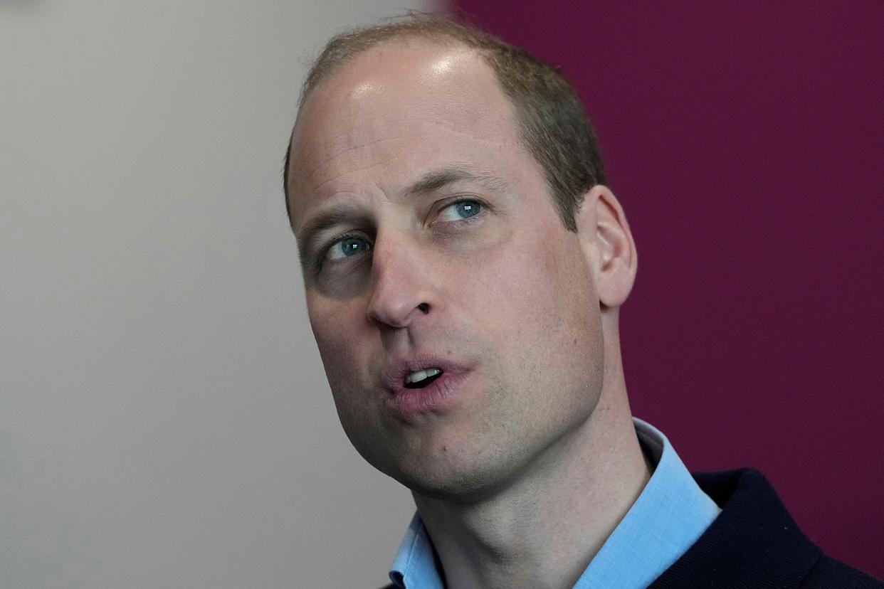 Britain's Prince William, Prince of Wales, speaks to young people during a visit to WEST, the new OnSide Youth Zone in Hammersmith and Fulham in London on March 14, 2024. Named WEST (standing for 'Where Everyone Sticks Together') by local young people, the new Youth Zone will be staffed by skilled and dedicated youth workers who will support young people from across west London to develop the skills and confidence they need to achieve their dreams. (Photo by Frank Augstein / POOL / AFP) (Photo by FRANK AUGSTEIN/POOL/AFP via Getty Images)