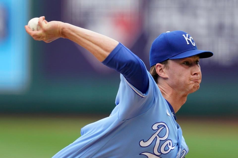 Kansas City Royals starting pitcher Brady Singer throws during the first inning of a baseball game against the Detroit Tigers Saturday, May 22, 2021, in Kansas City, Mo.