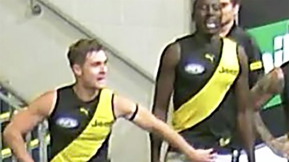 Jayden Short has apologised to Mabior Chol after footage from cameras in the Richmond Tigers rooms appeared to show him grabbing the genitals Chol. (Picture: Fox Sports)