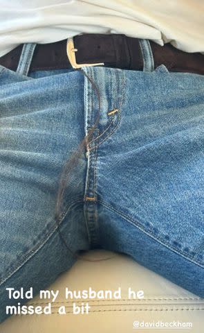 <p>Instagram/victoriabeckham</p> Victoria Beckham shares a snap of hair left on David Beckham's jeans in her Instagram Stories.