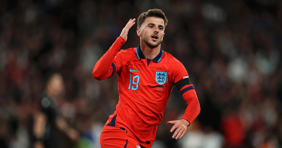   Arsenal target Mason Mount of England celebrates after scoring his team's second goal during the UEFA Nations League League A Group 3 match between England and Germany at Wembley Stadium on September 26, 2022 in London, England. 