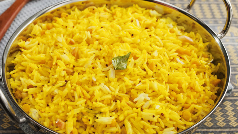 Yellow rice in a large pan