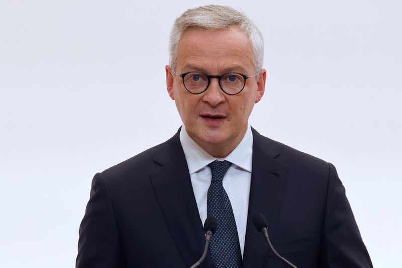 FILE PHOTO: French Economy and Finance Minister Bruno Le Maire speaks during a press conference in Paris