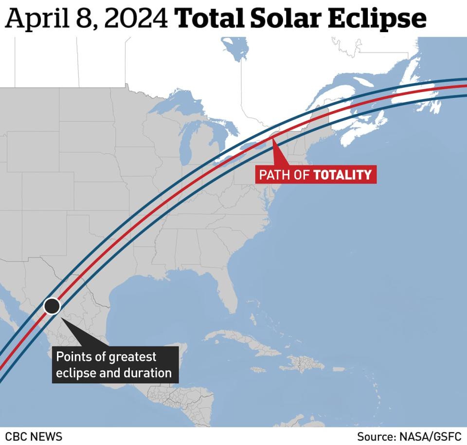 The path of totality in 2024 will cross the southern tips of Ontario and Quebec, central New Brunswick, western P.E.I. and central Newfoundland. 