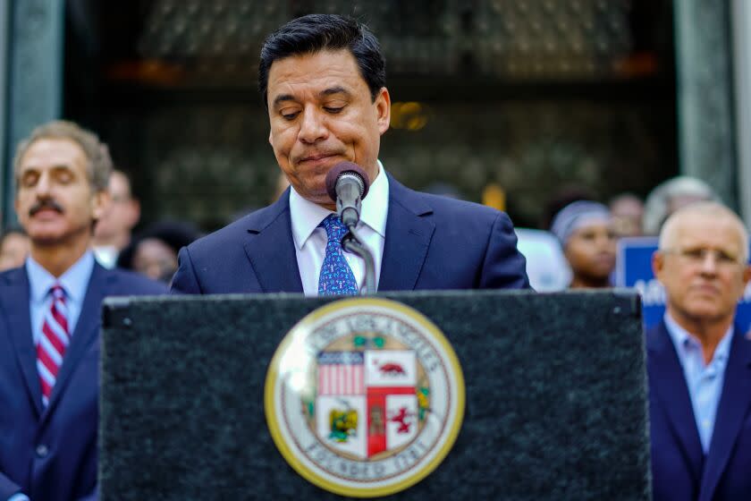 LOS ANGELES, CA. - APRIL 11: Los Angeles City Council member Jose Huizar, speakings a press conference with housing advocates in advance of the City Council's final vote on the Permanent Supportive Housing Ordinance and the Motel Conversion Ordinance at Los Angeles City Hall on Wednesday, April 11, 2018 in Los Angeles, CA. (Kent Nishimura / Los Angeles Times)