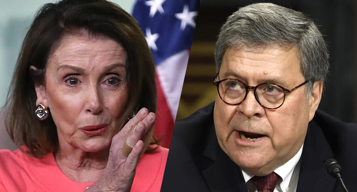 House Speaker Nancy Pelosi and Attorney General William Barr. (Photos: Jim Watson/AFP/Getty Images, Susan Walsh/AP)