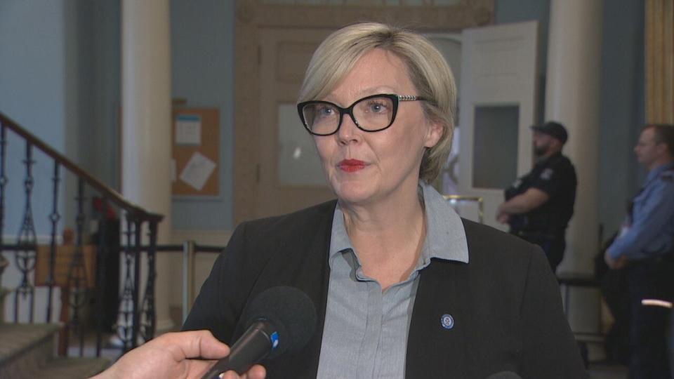 Independent MLA Elizabeth Smith-McCrossin spoke with reporters on Tuesday, April 4, 2023.