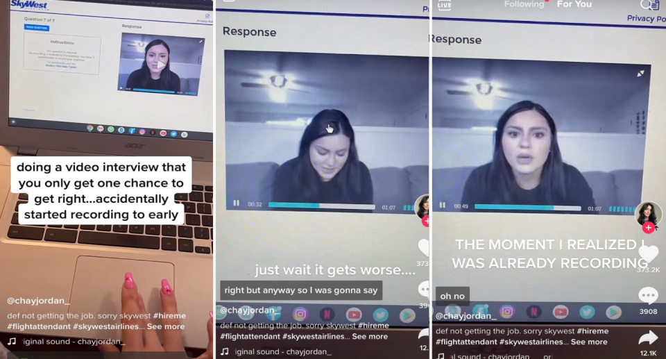 Screenshot of TikTok - 3 stills showing computer being recorded as it plays the interview video. Source: TikTok/@chayjordan_