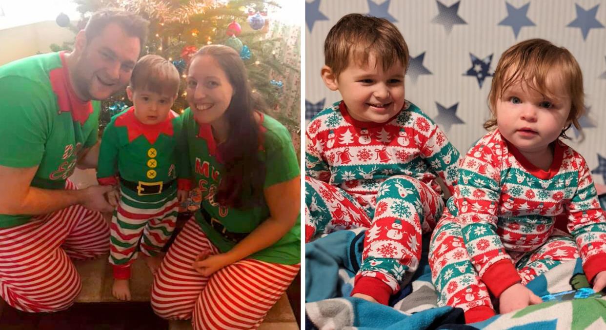 Family wearing Christmas jumpers. (Caters)