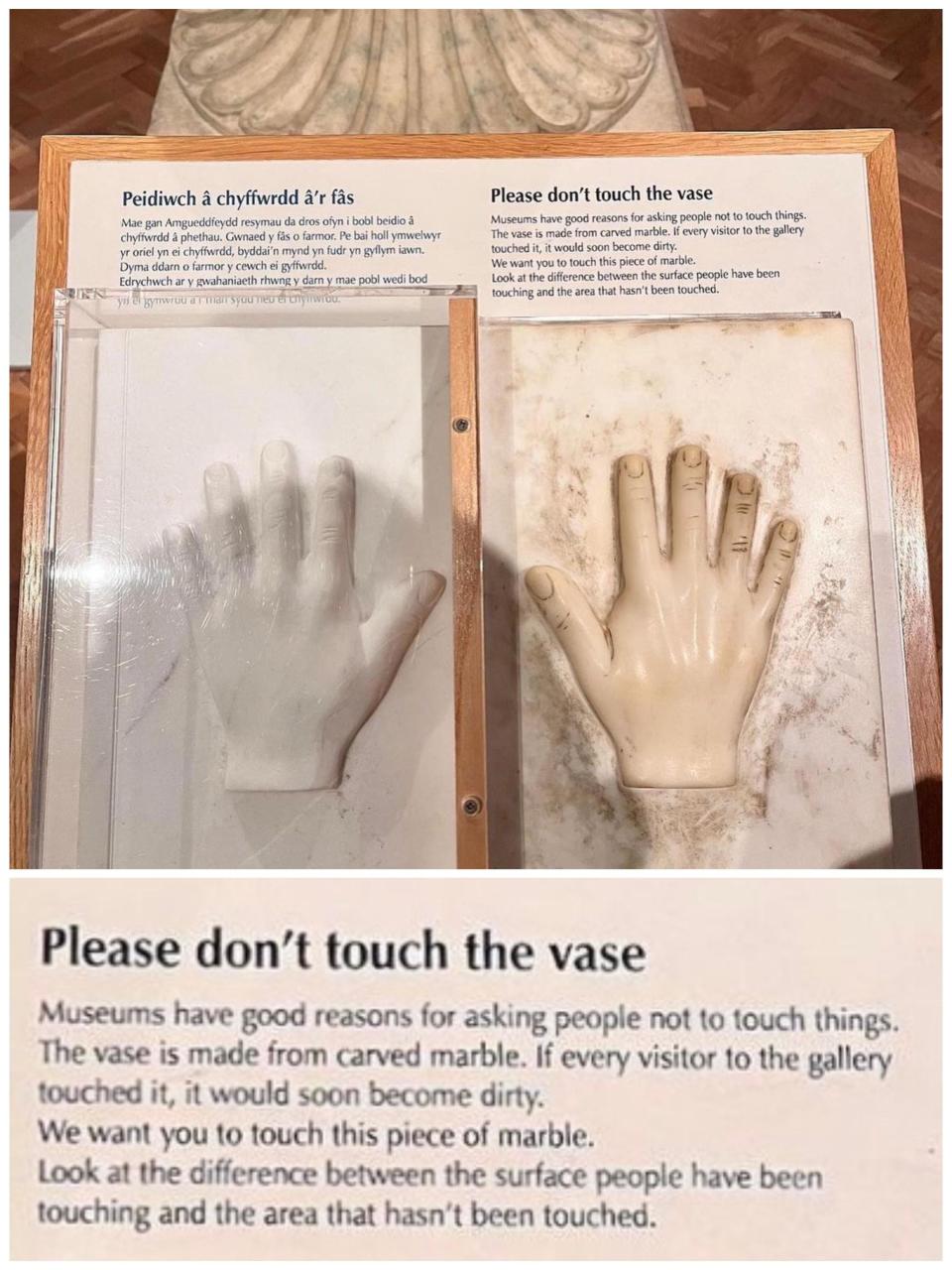 Display with "Please don't touch the vase" headline, showing a pristine handprint in marble and a smudgy and discolored version next to it that people are allowed to touch