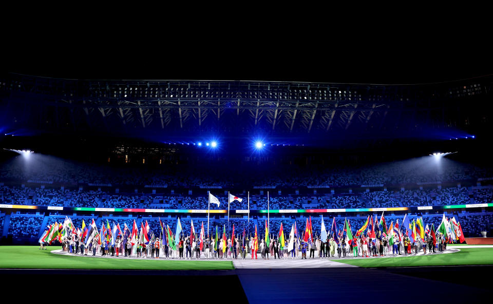<p>A view as the flag bearers of the competing nations enter the stadium during the Closing Ceremony of the Tokyo 2020 Olympic Games at Olympic Stadium on August 08, 2021 in Tokyo, Japan. (Photo by Naomi Baker/Getty Images)</p> 