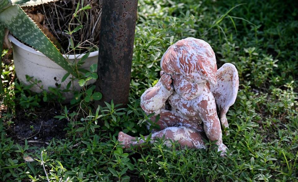 A small angel sits at the base of the mailbox of the home where Nicholas Bassler Jr. and Sierra Campany of Bradenton live. The couple were arrested on sexual battery and child porn charges, the Manatee County Sheriff’s Office said.