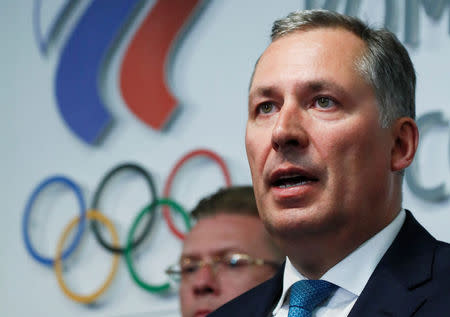 Newly elected president of the Russian Olympic Committee Stanislav Pozdnyakov speaks to reporters followig a meeting of the committee in Moscow, Russia May 29, 2018. REUTERS/Maxim Shemetov