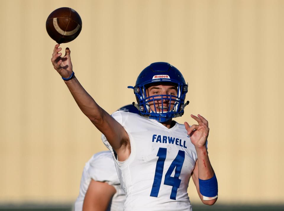 Farwell's Alec Actkinson throws the ball against New Deal, Friday, Aug. 26, 2022, at Noland Stadium in New Deal. 