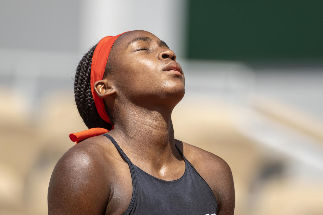 PARIS, FRANCE June 9.  Coco Gauff of the United States reacts during her loss against Barbora Krejcikova of the Czech Republic on Court Philippe-Chatrier during the quarter finals of the singles competition at the 2021 French Open Tennis Tournament at Roland Garros on June 9th 2021 in Paris, France. (Photo by Tim Clayton/Corbis via Getty Images)