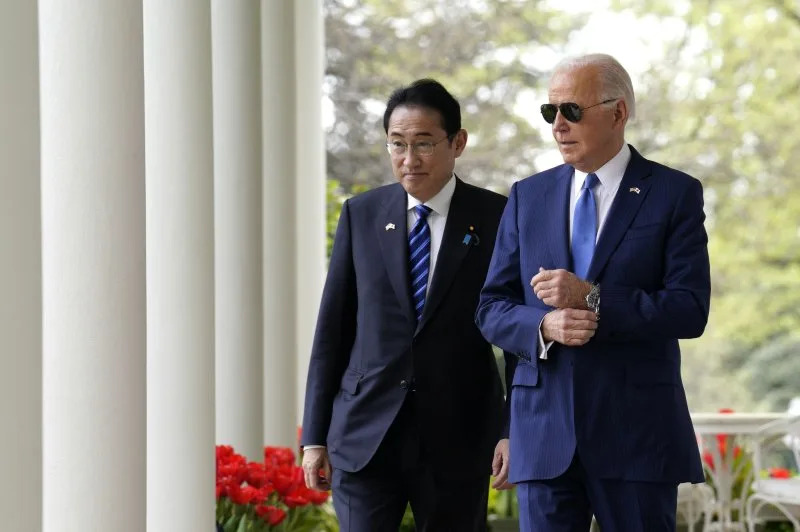 Japan's Prime Minister Kishida Fumio and President Joe Biden arrive for Wednesday's joint press conference in the Rose Garden at the White House. Pool Photo by Yuri Gripas/UPI