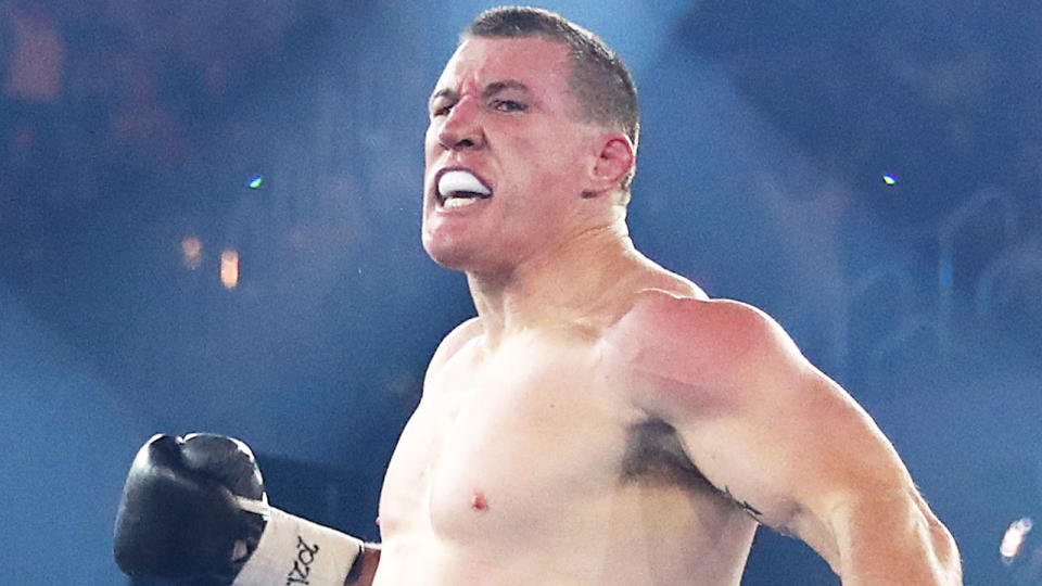 Paul Gallen is seen here celebrating his win over Lucas Browne.