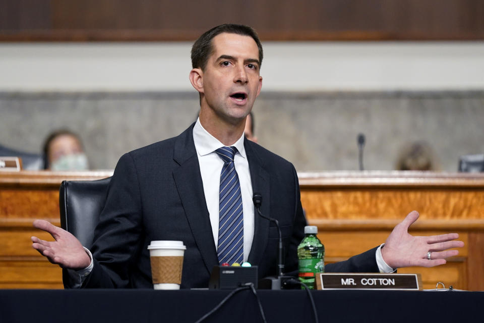 Sen. Tom Cotton, R-Ark., speaks during a Senate Armed Services Committee hearing on the conclusion of military operations in Afghanistan and plans for future counterterrorism operations, Tuesday, Sept. 28, 2021, on Capitol Hill in Washington. (Patrick Semansky/AP via Pool)