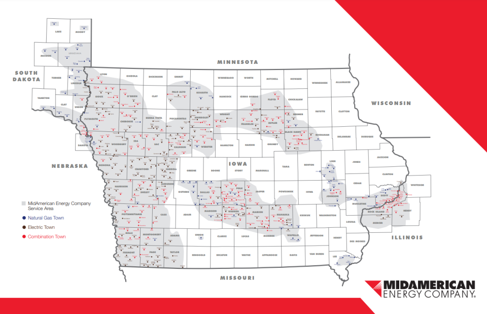 Map of MidAmerican Energy Company's service areas. MEC predominantly provides power to parts of western and central Iowa, but the energy company also services Sioux Falls and most of Minnehaha County with natural gas.