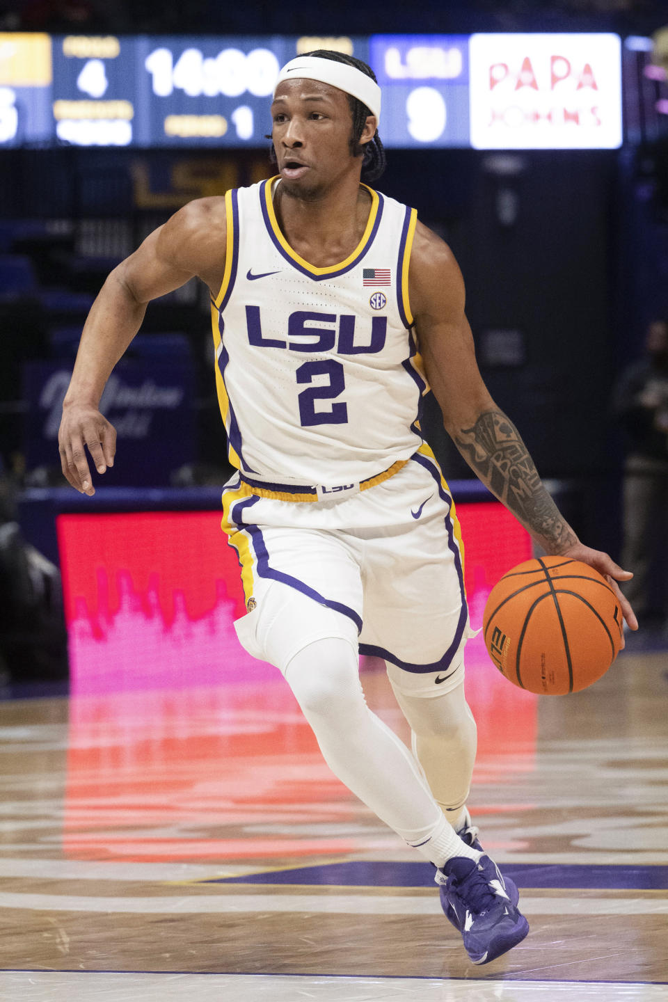 LSU guard Mike Williams III drives the ball down the court against Alabama State during an NCAA college basketball game on Wednesday, Dec. 13, 2023, in Baton Rouge, La. (Hilary Scheinuk/The Advocate via AP)