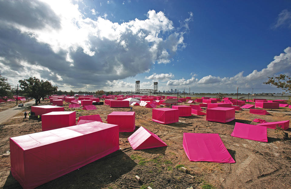 Pitt launched the Make It Right Foundation with the “150 Pink Houses” art project, which was meant to symbolize renewal, in New Orleans’ Lower Ninth Ward, on Dec. 3, 2007. The architecture firm GRAFT designed the art project, as well as two houses for Make It Right’s efforts.