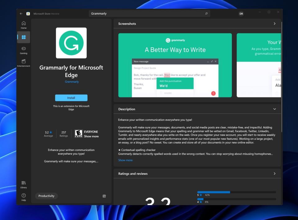 Grammarly Extension Windows11 Store