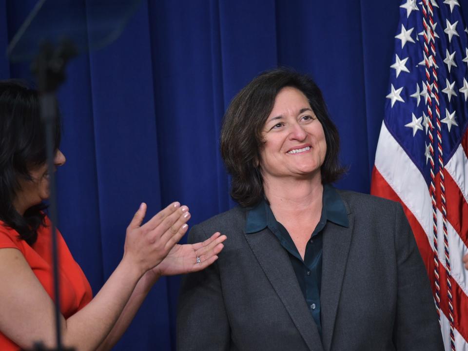 Patagonia CEO Rose Marcario after being acknowledge by President Barack Obama during an event in Washington, DC, in 2015.