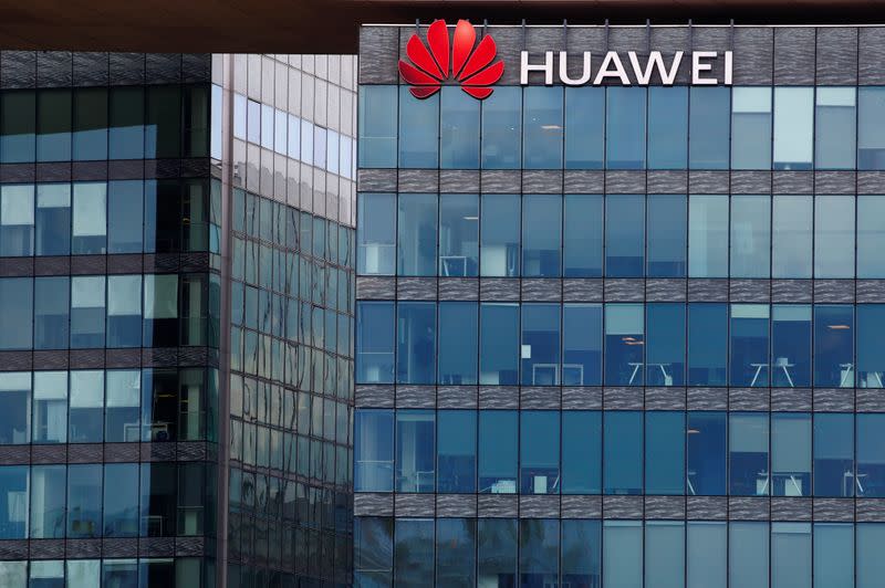 FILE PHOTO: Huawei logo at Huawei Technologies France in Boulogne-Billancourt