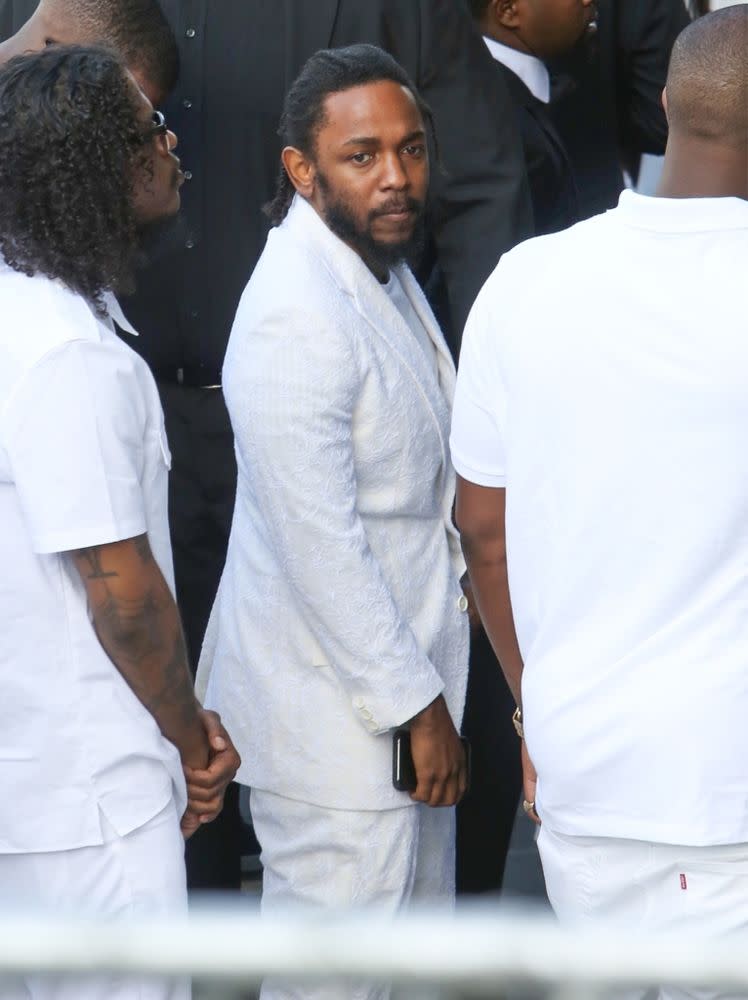Kendrick Lamar arrives at the memorial for Nipsey Hussle. | BackGrid