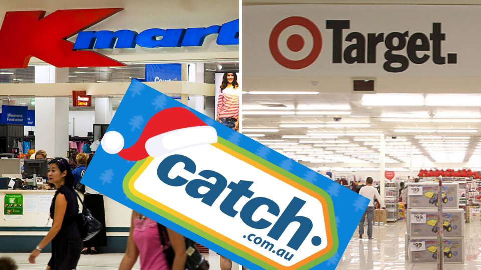 Pictured: Catch.com.au logo, Target and Kmart stores. Images: Getty, Catch.com.au