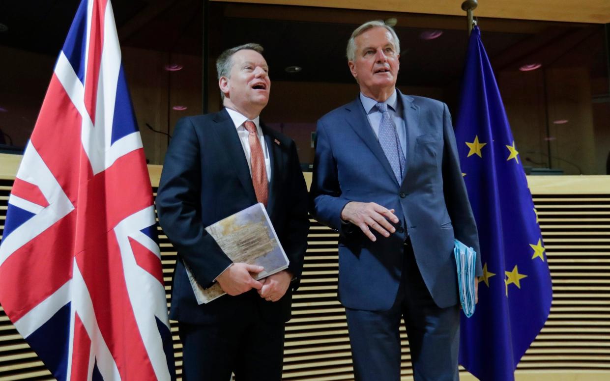 EU chief Brexit negotiator Michel Barnier (right), with Boris Johnson's Europe adviser David Frost - EPA