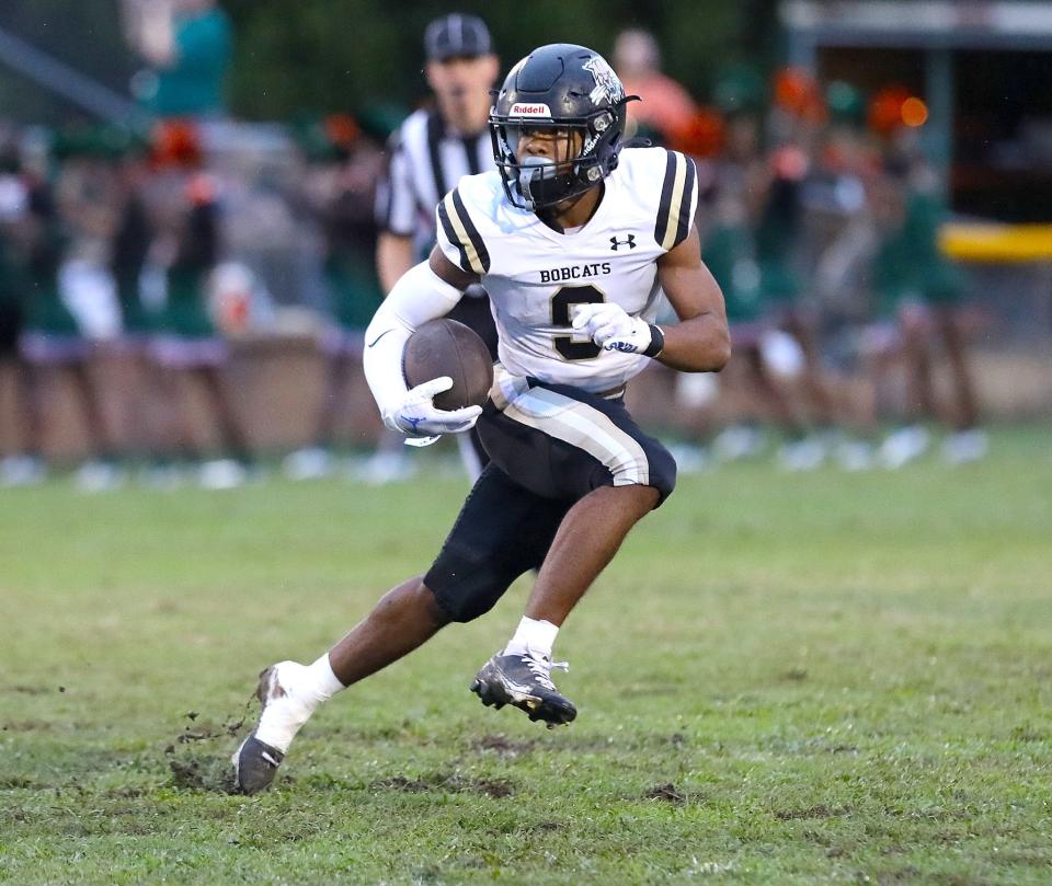 Buchholz Bobcats receiver Jacarree Kelly (9) runs with the ball after making a kick return during a football game against the Eastside Rams at Citizens Field in Gainesville FL. Sept. 9, 2022.